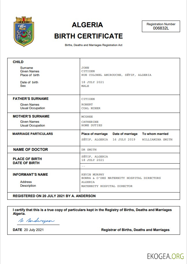 Algérie acte d'état civil acte de naissance Word